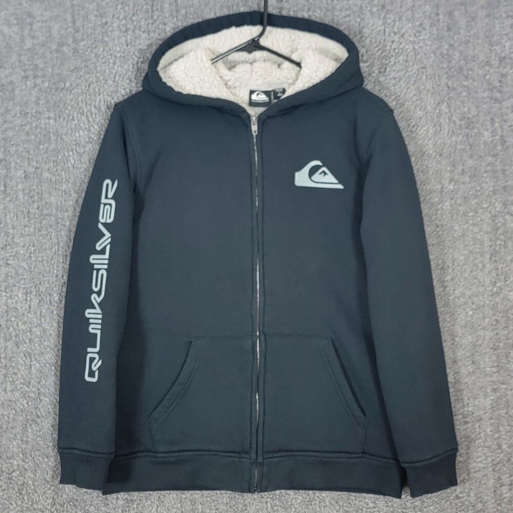 QuikSilver Hooded Jacket Youth Boys Large Black Sherpa Lined Full Zip Hoodie